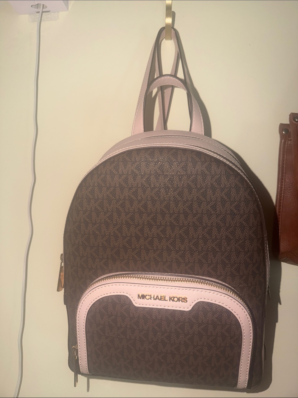 Michael Kors Brown Signature Backpack with Pink Trim